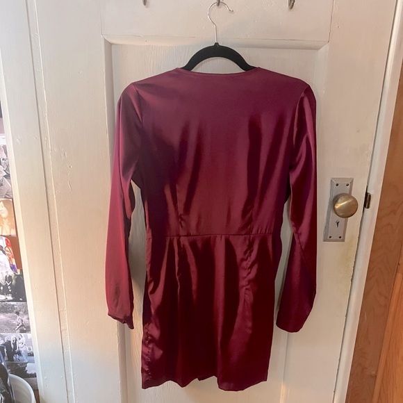 Fashion Nova Sugar Free Dress - Red Burgundy Satin Mini Plunge Party Dress - Picture 4 of 5